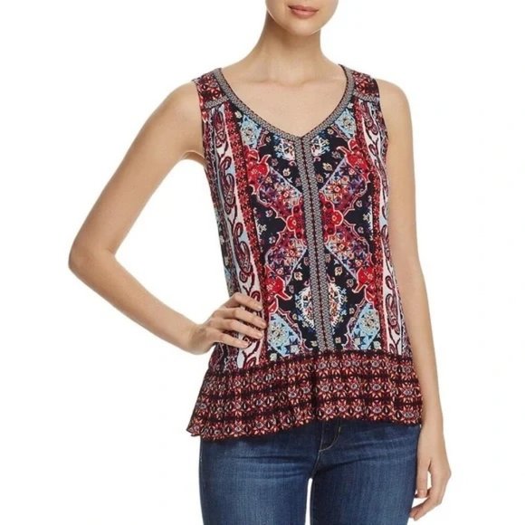 Bila Tops - BILA | Boho Embroidered Floral Tunic Ruffle Sleeveless Blouse Tank Top | Size S